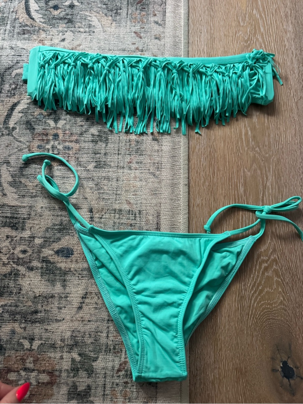 L*Space Bandeau Fringe Bikini Set Bandeau Top Ruched tie Bottom - Turquoise Aqua